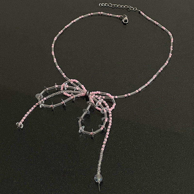 Sweet Cool Personality Beaded Bow Necklace