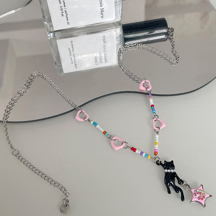 Colorful Beaded Heart-shaped Multi-part Cat Stars Necklace