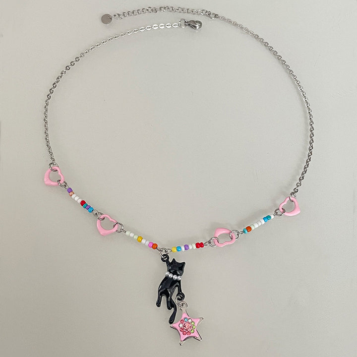 Colorful Beaded Heart-shaped Multi-part Cat Stars Necklace