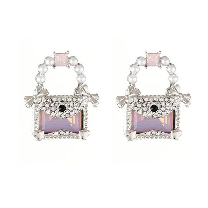 Full Diamond Jelly Color Square Crystal Bow Silver Stud Earrings