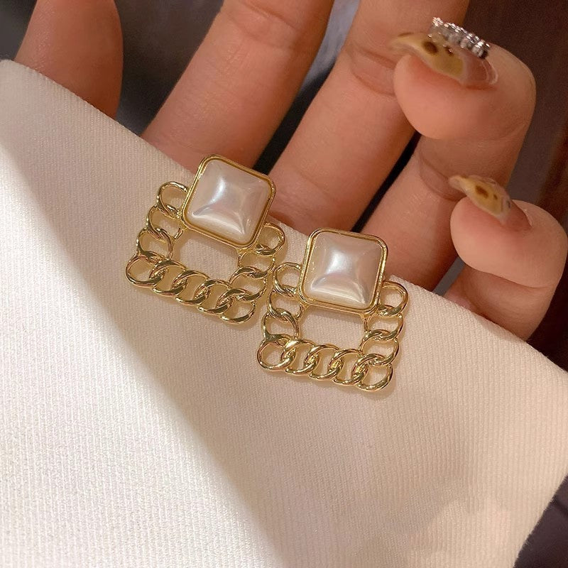 Fashion Chain Geometric Square Ear Studs Pearl Vintage