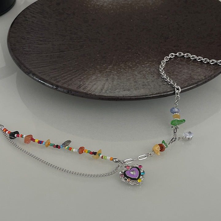 Colorful Gravel Beaded Stitching Love Necklace