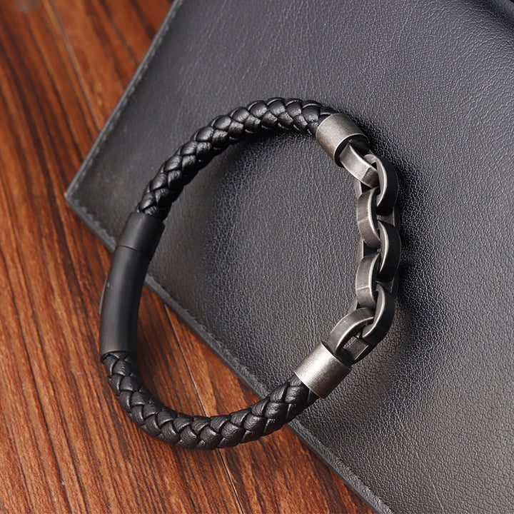 Black Genuine Leather Chain Bracelet Magnetic Buckle