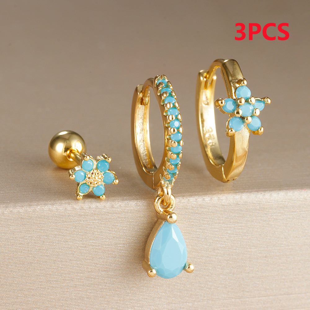 Flower Rhinestone-embedded Twin Stacked Earrings Water Drop