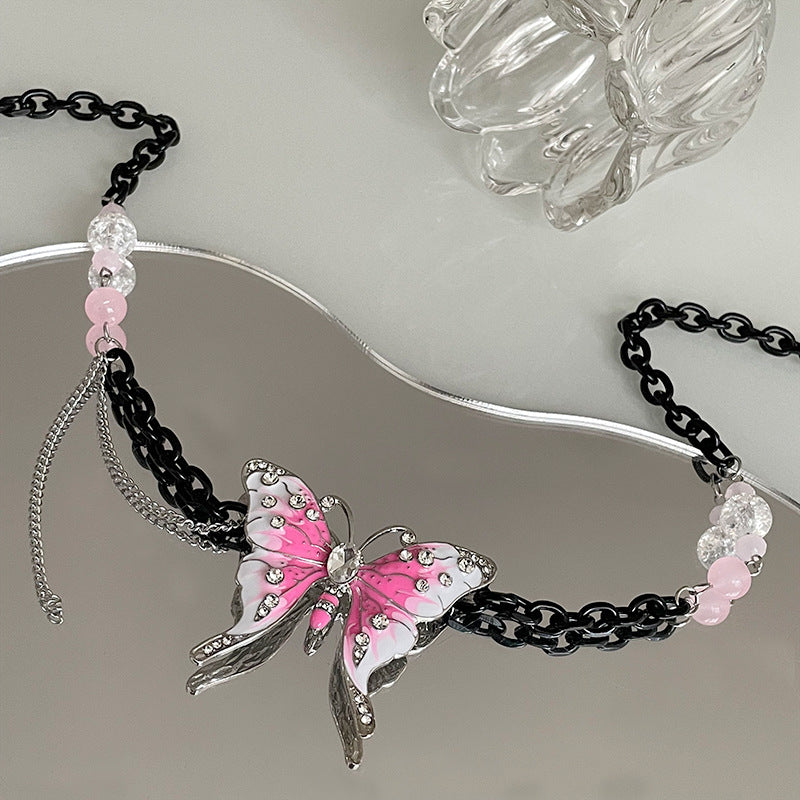 European And American Exaggerated Pink Butterfly Black Chain Necklace