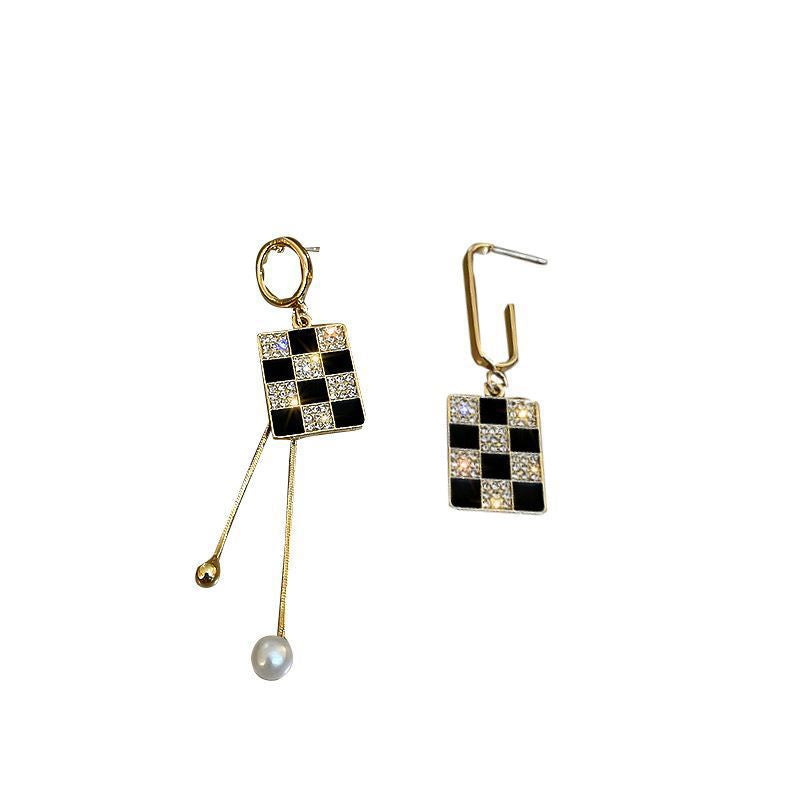 Asymmetric Drop Oil Plaid Earrings Sterling Silver Needle