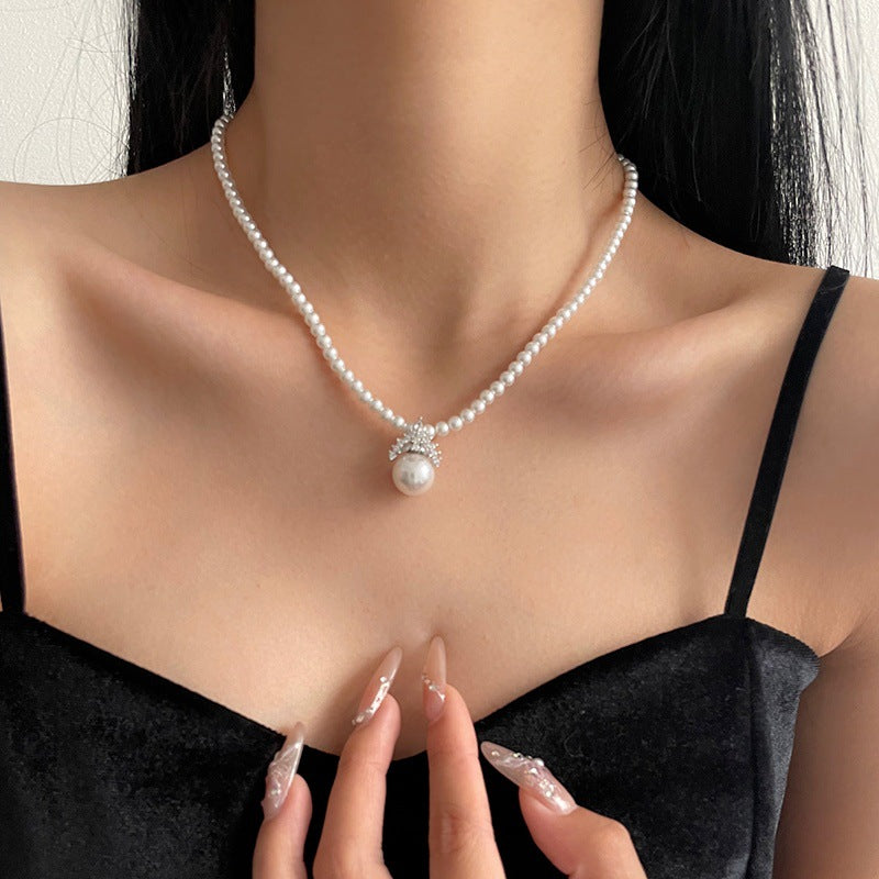 French Style Temperament Crown Zircon Pendant Pearl Necklace