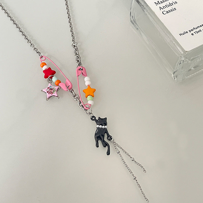 Color Pin Stitching Stars Kitten Necklace Dopamine