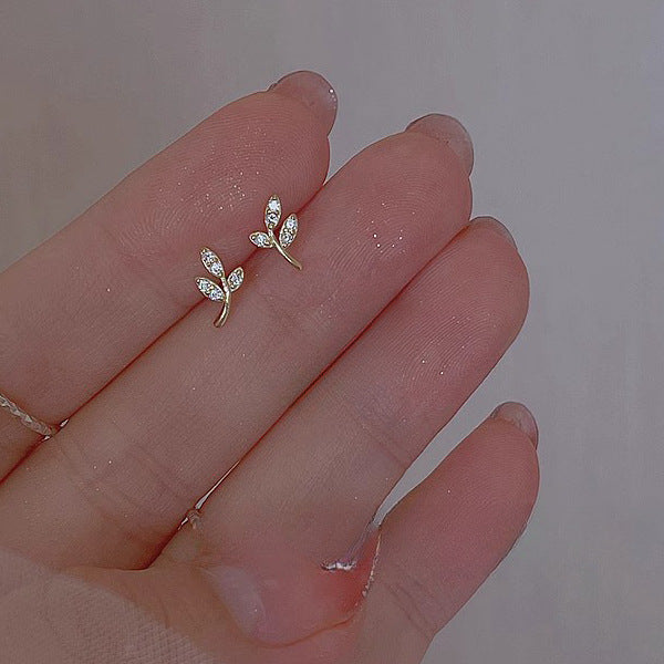 Stud Earrings Mini Rhinestone Olive Branch Female