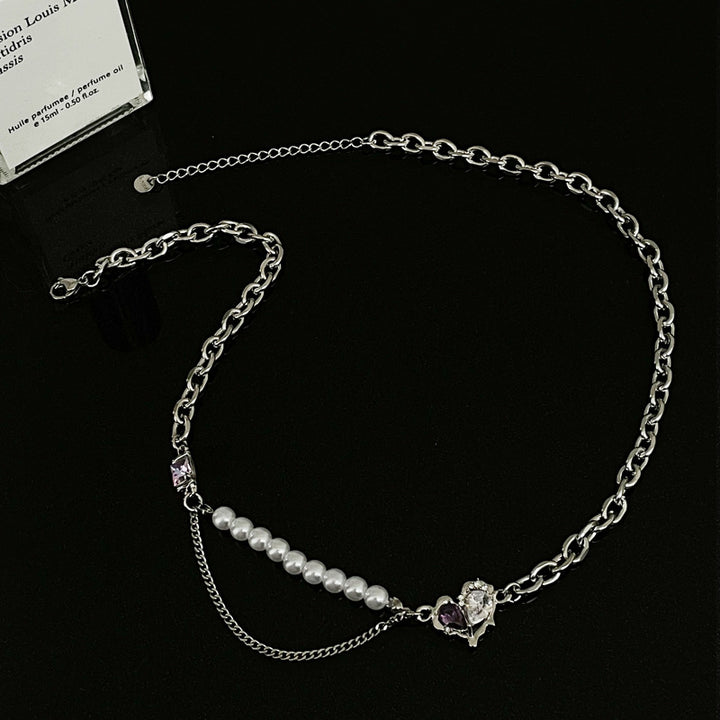 Sweet Cool Purple White Diamond Heart-shaped Multi-part Pearl Necklace