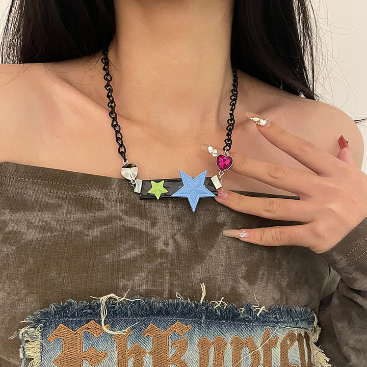 Color Stitching Stars Black With Love Chain Necklace