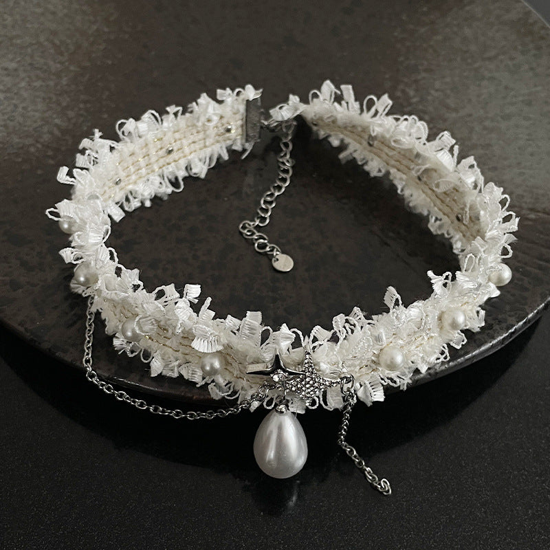 White Lace Asterism Pearl Tassel Necklace