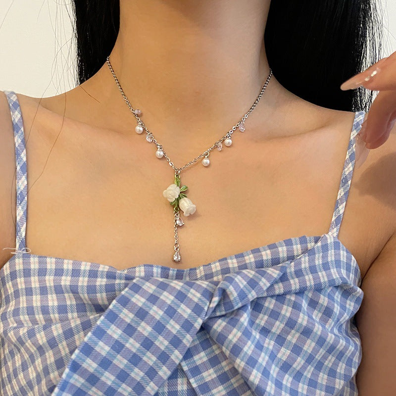 Sweet Cool White Flower Pearl Tassel Necklace