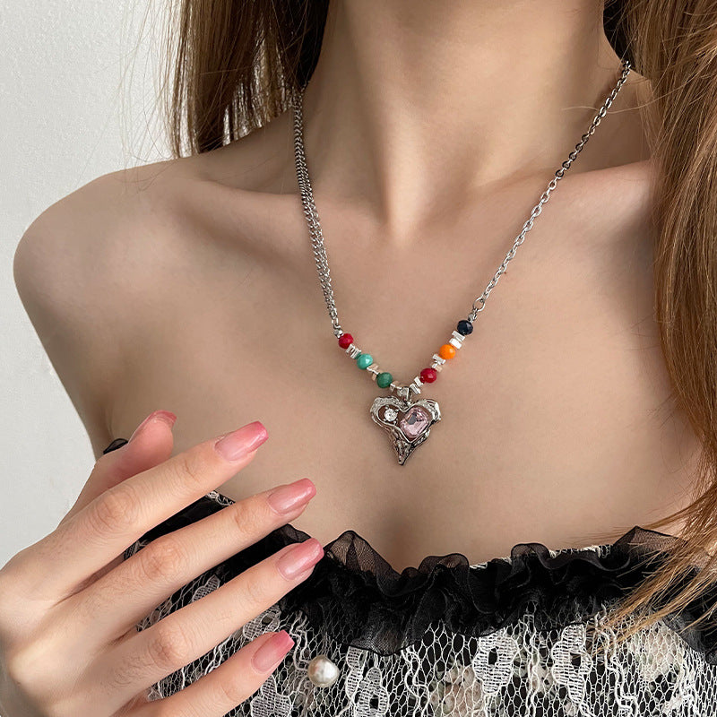 Colorful Beaded Stitching Heart Necklace