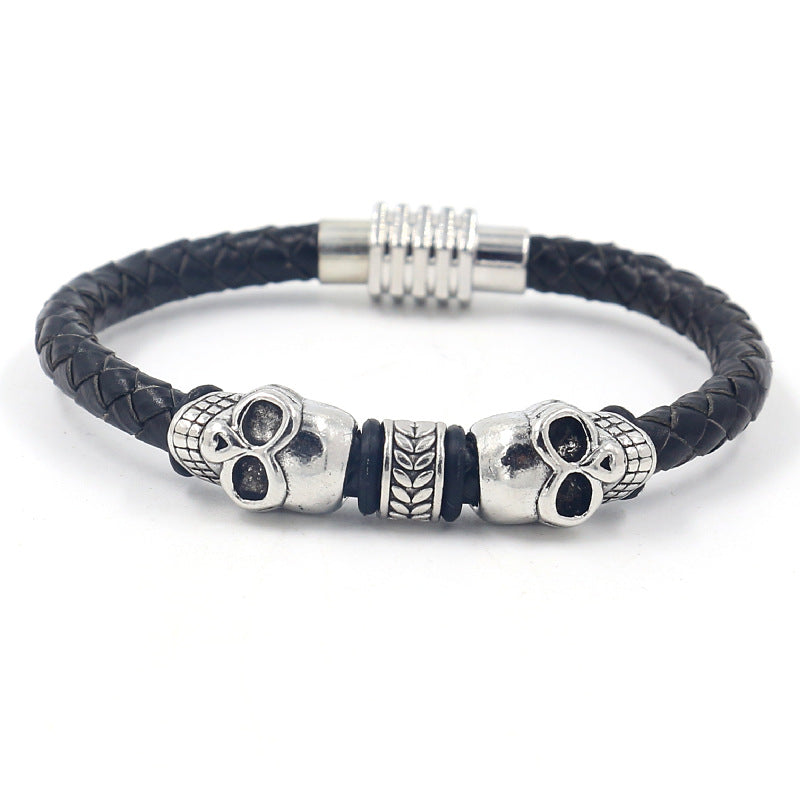 Men's Vintage Alloy Skull Woven Leather String Bracelet