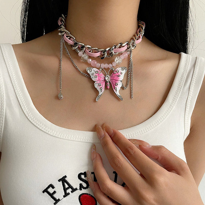 European And American Exaggerated Heavy Industry Pink Butterfly Woven Necklace