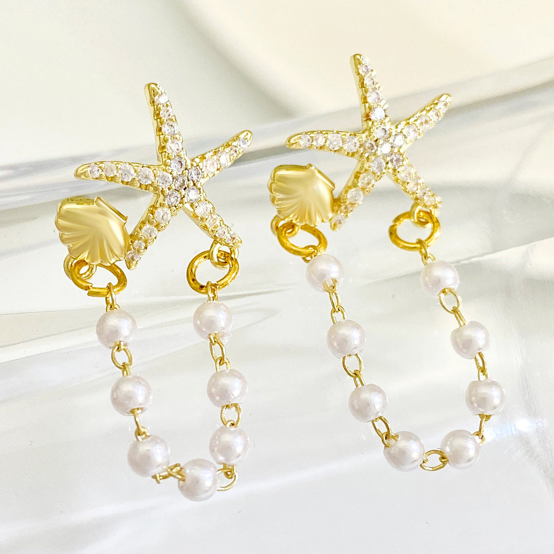 Fashion Diamond Starfish Shell  Pearl Earrings