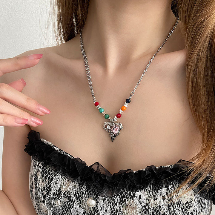 Colorful Beaded Stitching Heart Necklace