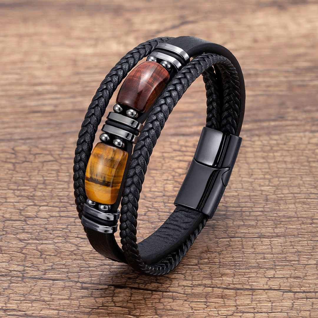 Tiger Eye Bracelet Men's Multi-layer Leather Rope Stainless Steel