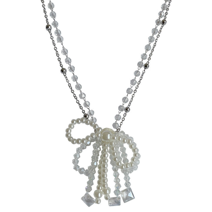 Crystal String Beads Bow Pearl Necklace