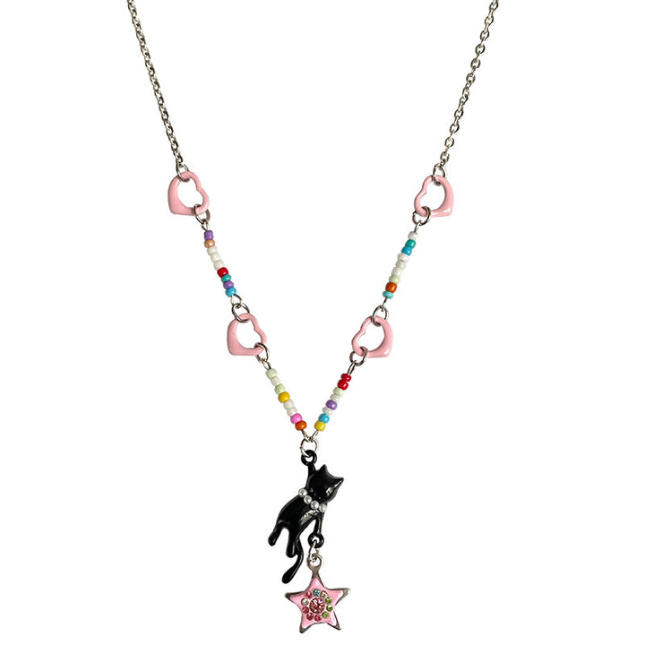 Colorful Beaded Heart-shaped Multi-part Cat Stars Necklace