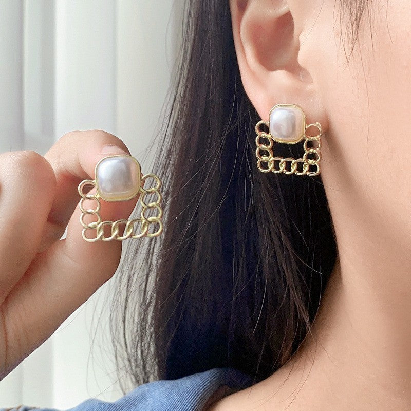 Fashion Chain Geometric Square Ear Studs Pearl Vintage