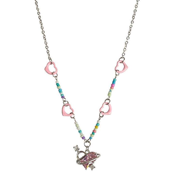 Colorful Beaded Stitching Heart Necklace