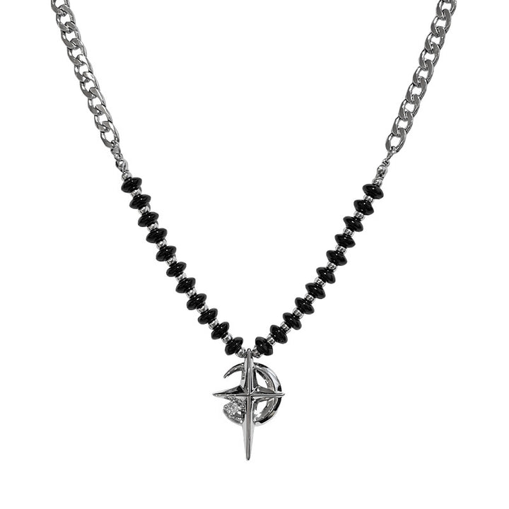 Black Beads Stitching Asterism Crescent Moon Necklace