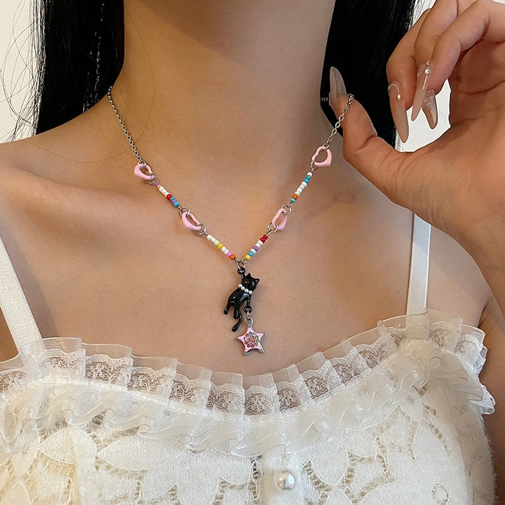 Colorful Beaded Heart-shaped Multi-part Cat Stars Necklace