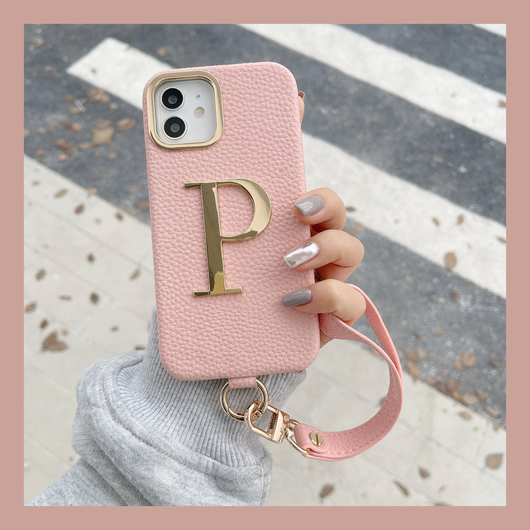 Litchi Pattern PU Metal Letter Phone Case