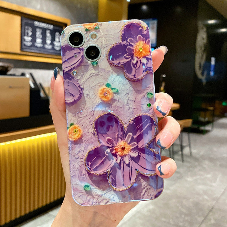 Mobile Phone Case Oil Painting Flower Blue Light Inlaid With Diamond Drop Glue Soft