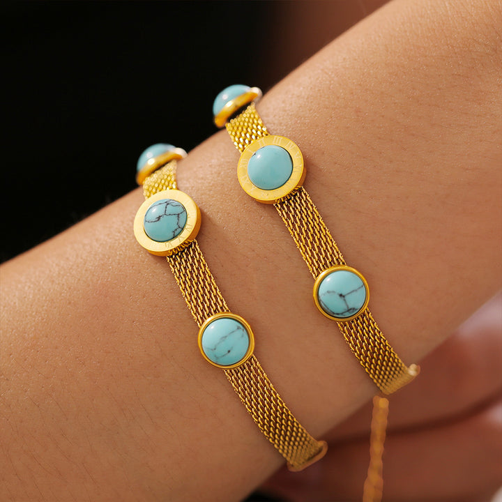 European And American Style New Wide Surface Mesh Round Brand Turquoise Bracelet Retro Personality Design Titanium Steel Plated 18K Gold Accessories