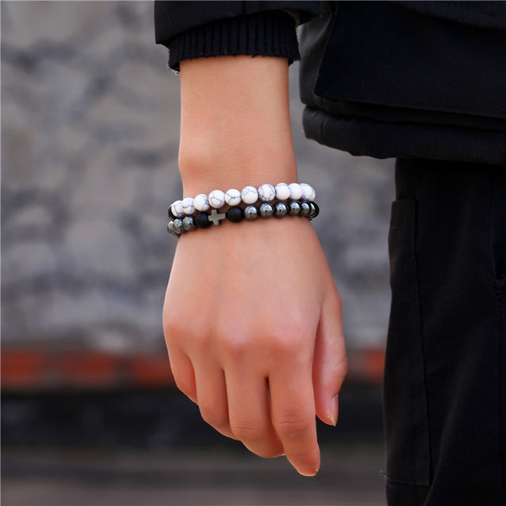 White-barked Pine Black Iron Bracelet Cross Elastic Two-piece Set