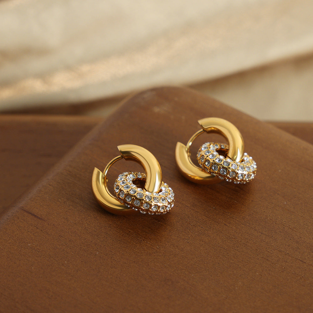 High-grade Light Luxury Personality Titanium Steel Gold-plated Diamond Round Versatile Earrings