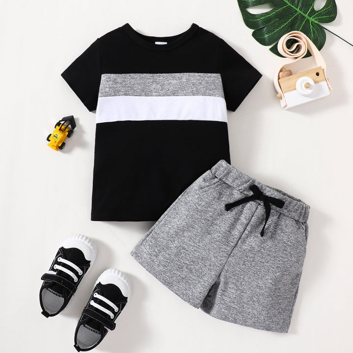 Boys' New Suit Color-block Crew Neck Short-sleeved Shirt Short Gray Children Suit