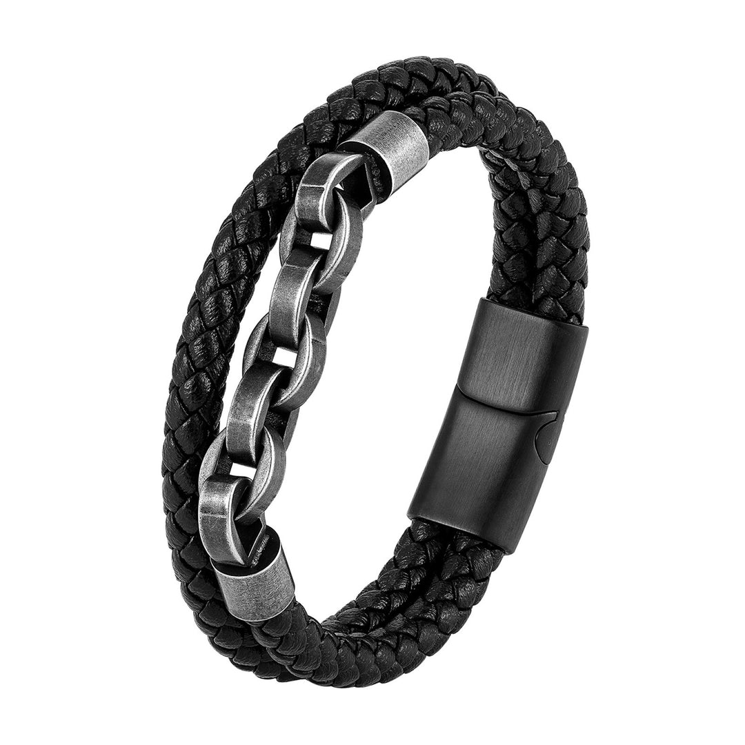 Black Genuine Leather Chain Bracelet Magnetic Buckle