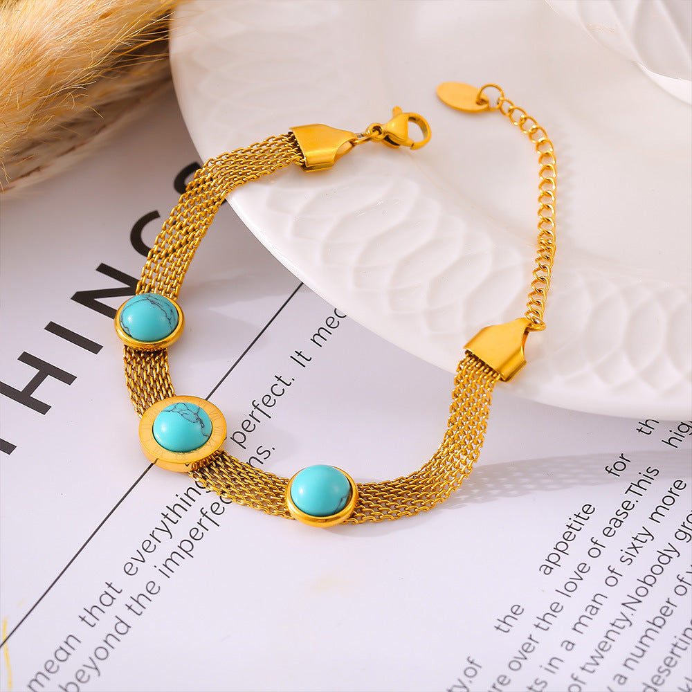 European And American Style New Wide Surface Mesh Round Brand Turquoise Bracelet Retro Personality Design Titanium Steel Plated 18K Gold Accessories