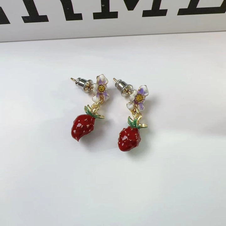 Drop Oil Strawberry Flower Stud Earrings For Women All-match And Cute