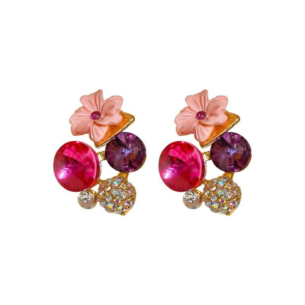 Vintage Color Contrast Diamond Flower Stud Earrings Fashion