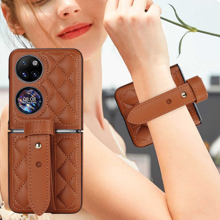 Wrist Strap Foldable Screen Stitching Plaid Phone Case