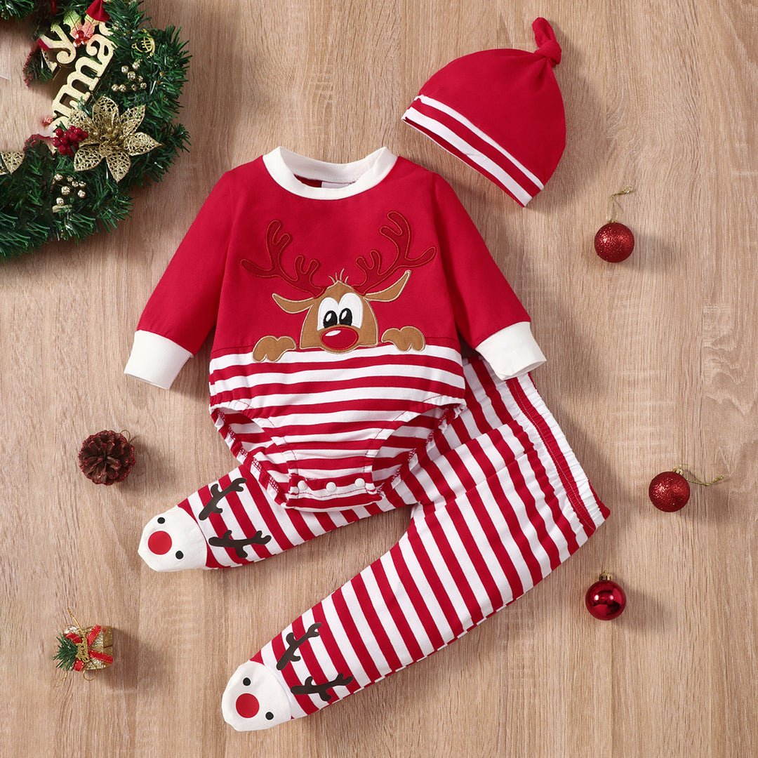 Kids Christmas Elk Striped Hat Set