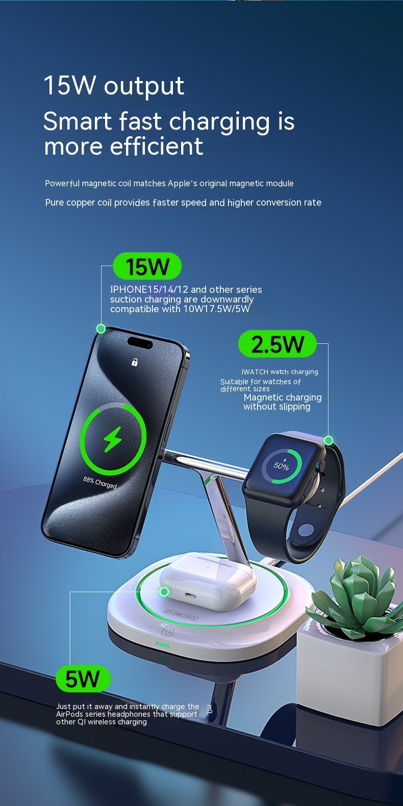 Mobile Phone Three-in-one 15W Magnetic Suction Wireless Charger MagSafe Earphone Watch Desk Charger