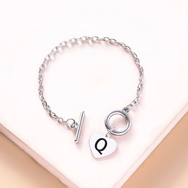 Silver Color Link Chain OT Buckle Clasp Bracelet 26 Initial Letter Heart Charms Bracelets For Women Girls