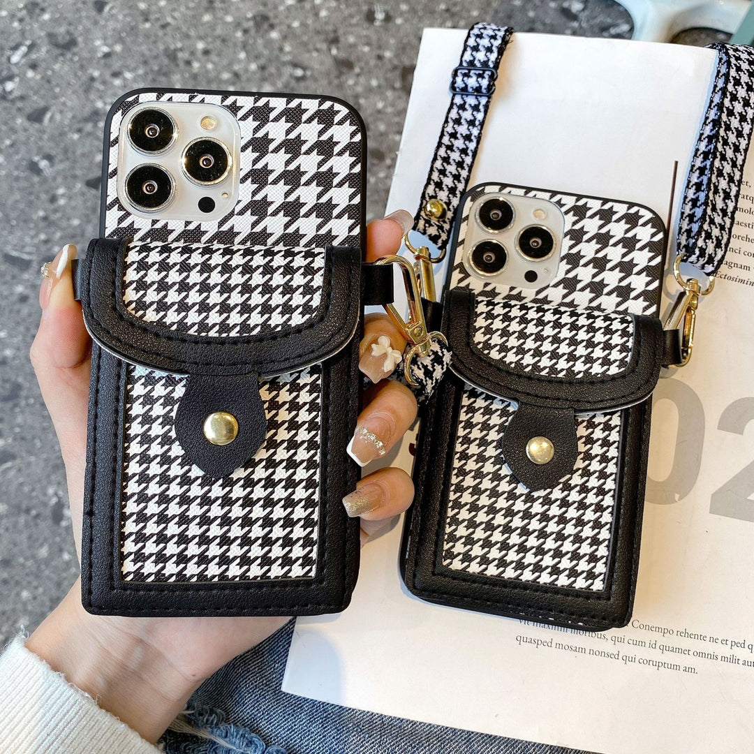 Houndstooth Leather Card Case Lanyard Mobile Phone