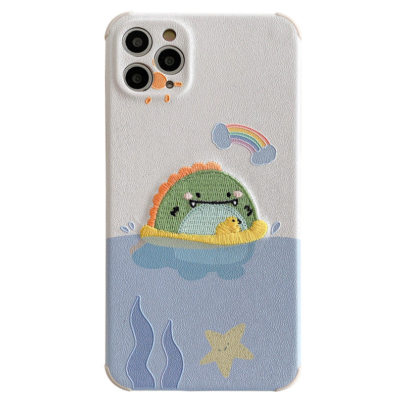 Embroidery Cartoon Swimming Small Dinosaur Phone Case Soft