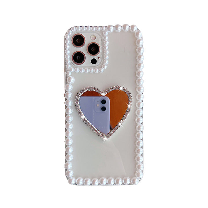 Acrilic Pearl Heart Mirror Rhinestone Telefon mobil Shell