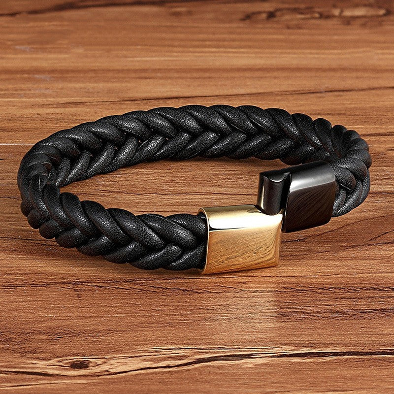 Stainless Steel Titanium Two-tone Buckle Leather Cord Bracelet