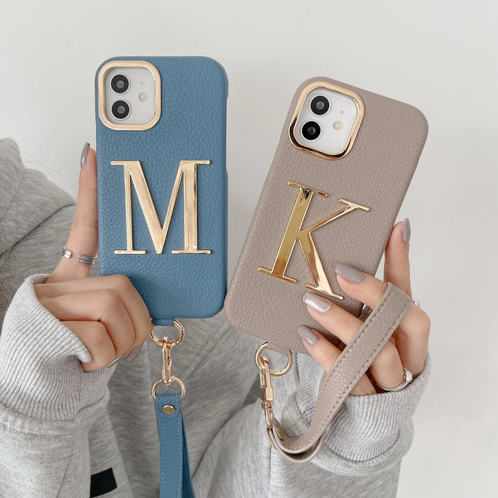 Litchi Pattern PU Metal Letter Phone Case