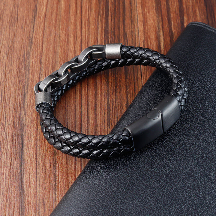 Black Genuine Leather Chain Bracelet Magnetic Buckle