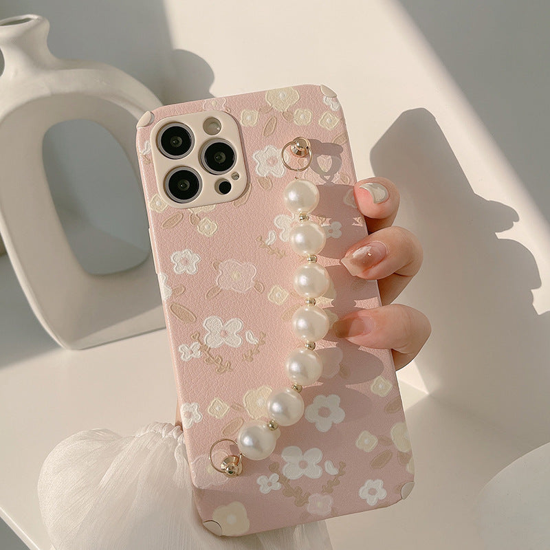 Oil Painting Floral Phone Case Pearl Chain